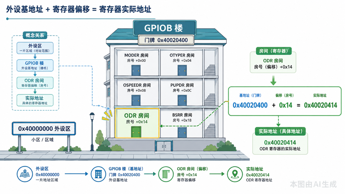 用楼栋门牌和房号理解外设基地址与寄存器偏移